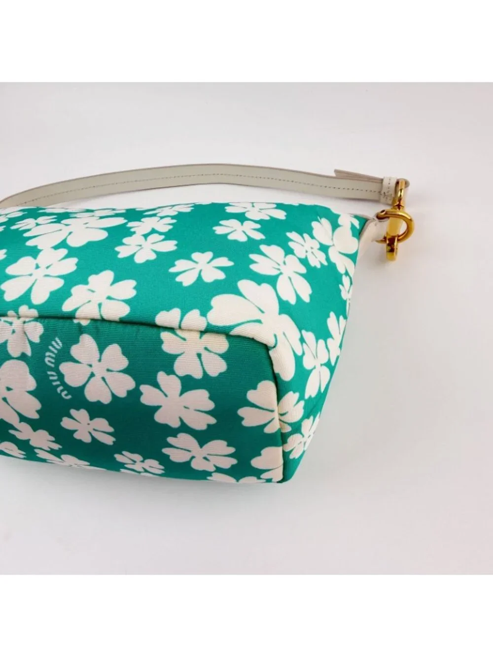 Miu Miu Spirit Floral Re-Nylon Handbag Pouch Nylon Leather Green White Gold